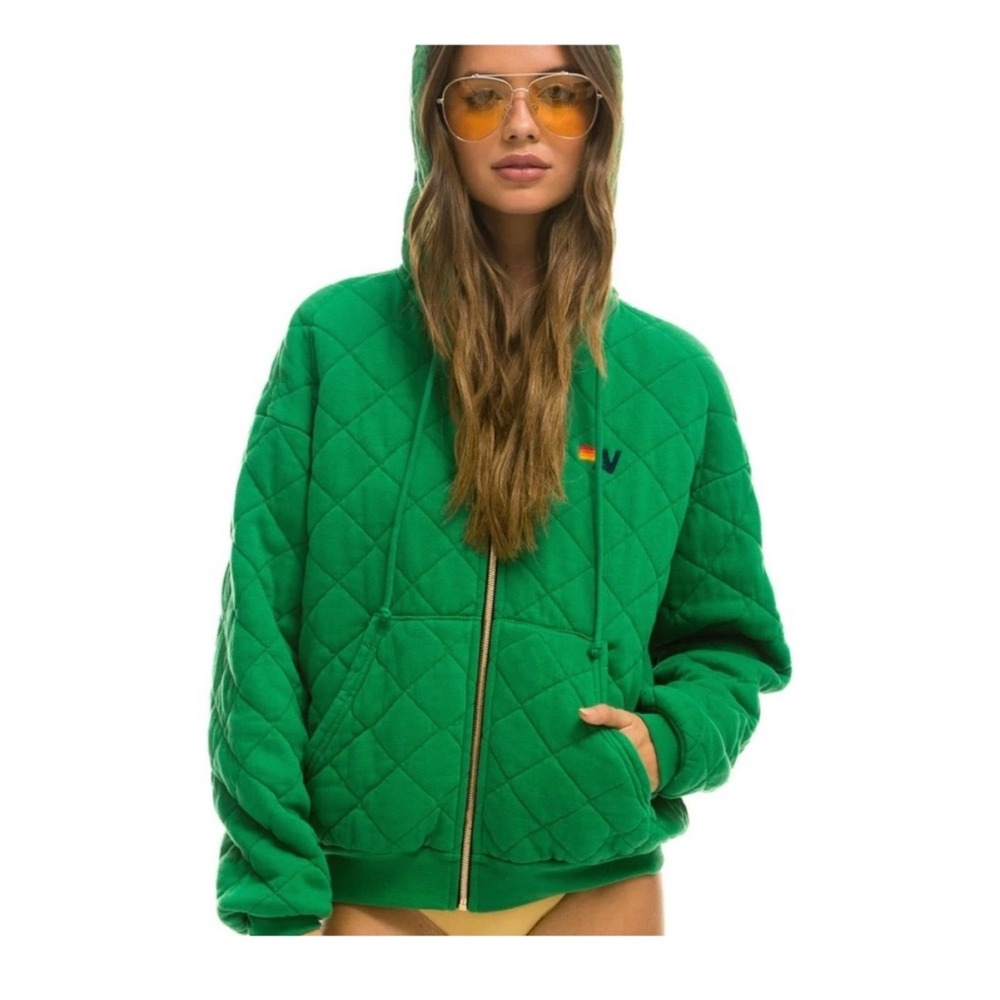 Aviator Nation QUILTED ZIP HOODIE RELAXED Kelly Green Women's Size Small Lounge